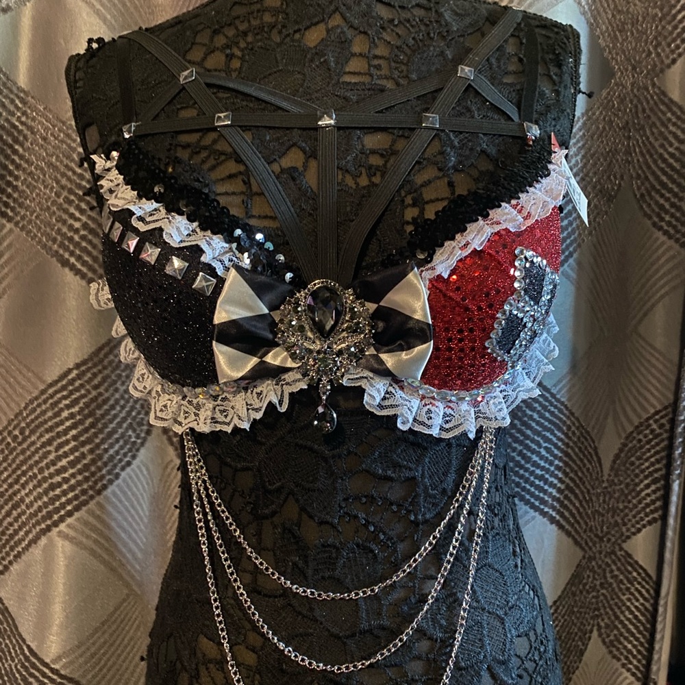 Woman’s handmade Harley Quinn bra set